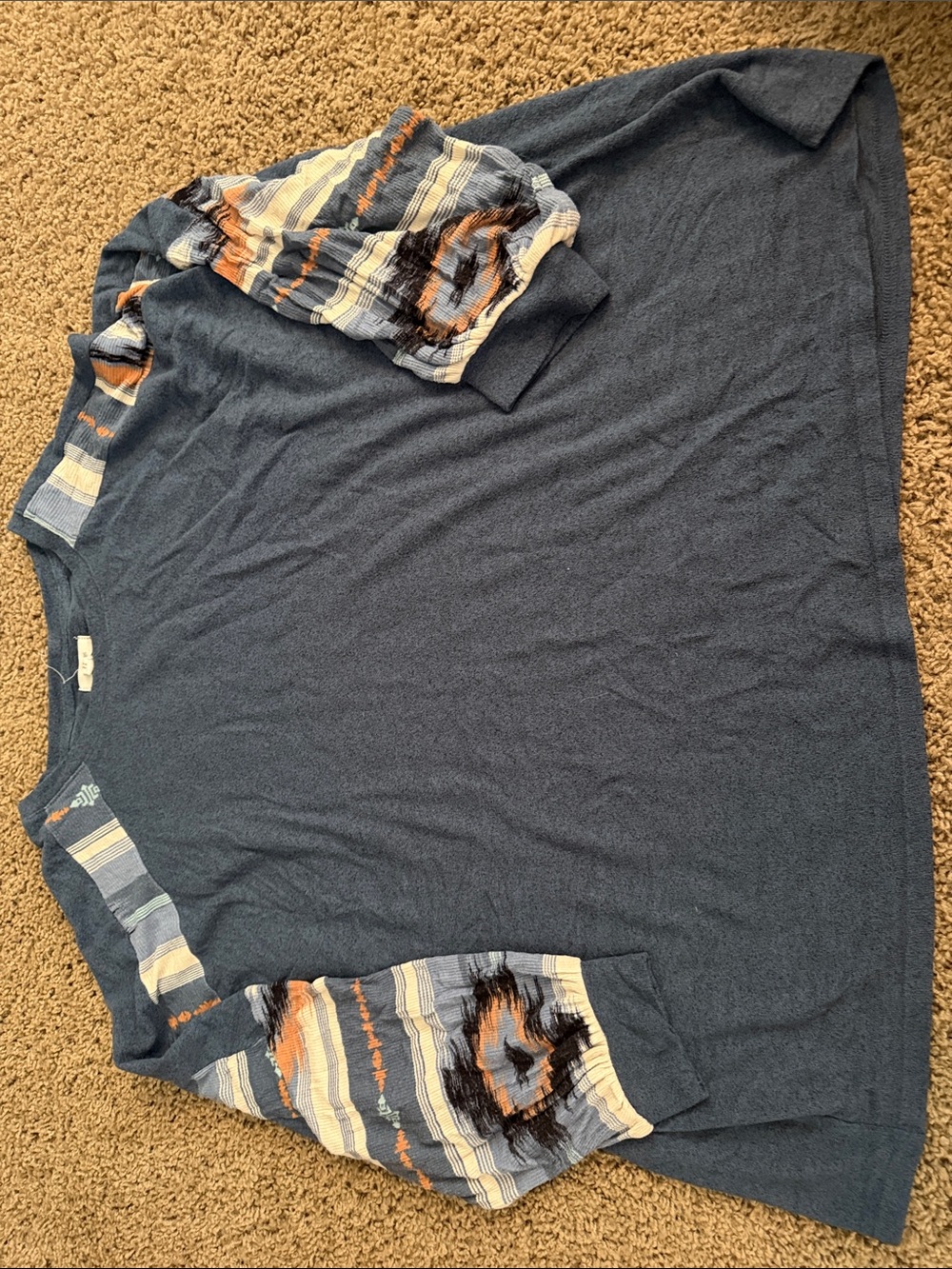 Women’s Blue Long-Sleeve Shirt with Patterned Accent Sleeves
